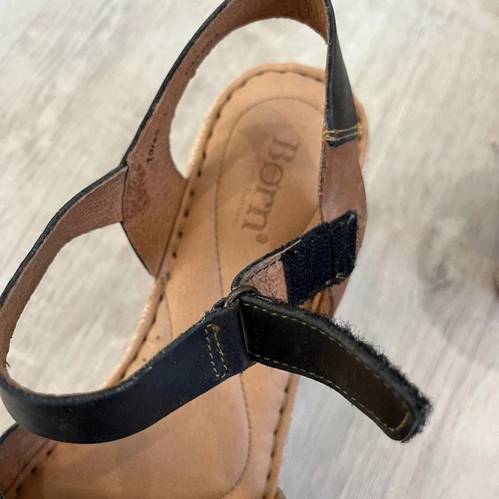 Born Nectar Leather Wedge Sandals Brown Black Two Tone Open Toe Women 10 Comfort